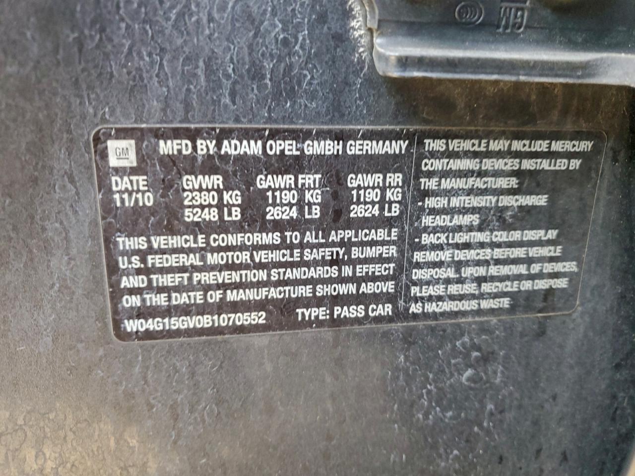 2011 Buick Regal Cxl VIN: W04G15GV0B1070552 Lot: 93471265