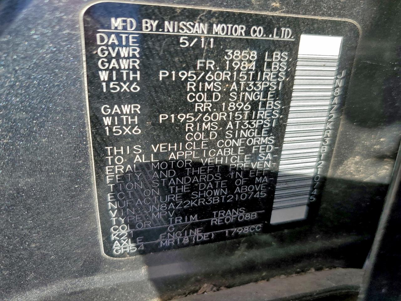 2011 Nissan Cube Base VIN: JN8AZ2KR3BT210745 Lot: 93282895