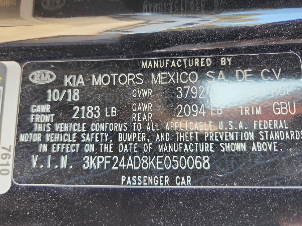 2019 Kia Forte Fe VIN: 3KPF24AD8KE050068 Lot: 91873235