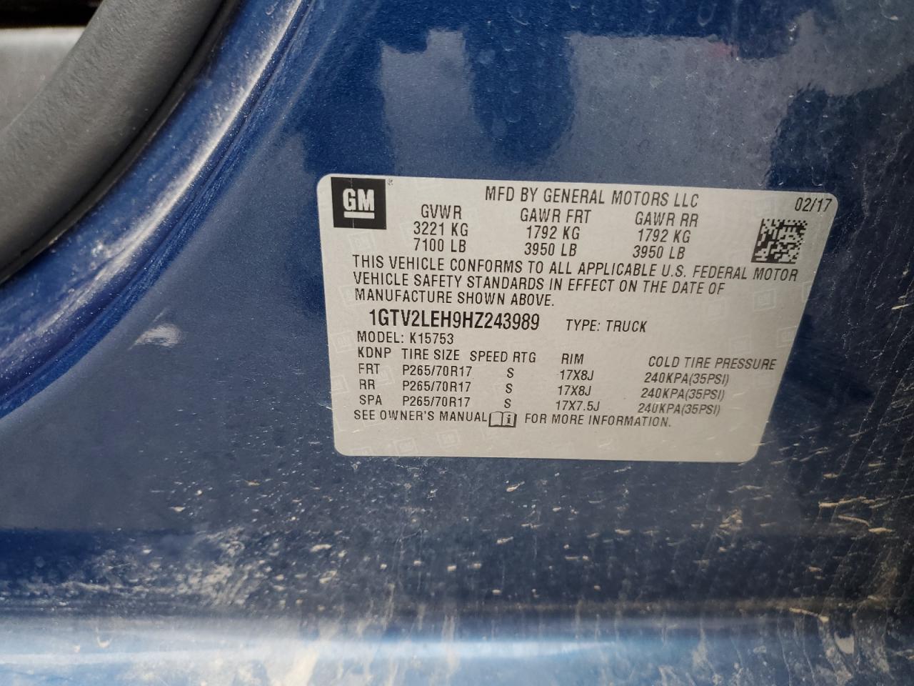 2017 GMC Sierra K1500 VIN: 1GTV2LEH9HZ243989 Lot: 90326185