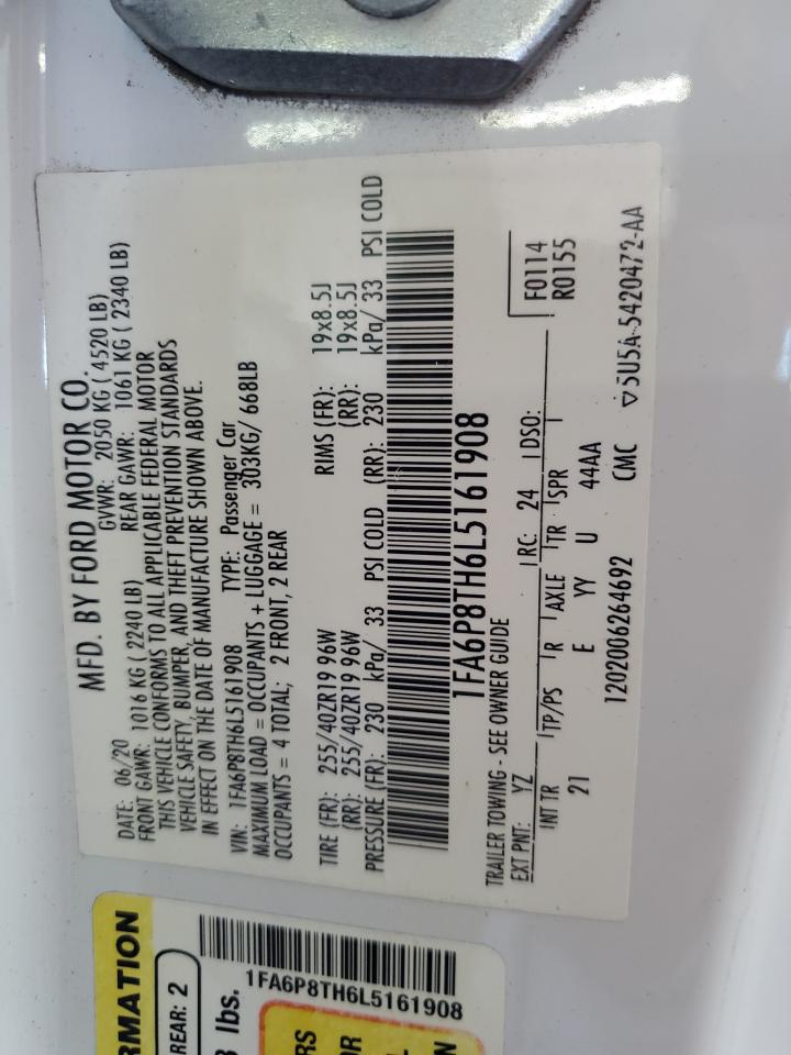 2020 Ford Mustang VIN: 1FA6P8TH6L5161908 Lot: 92510605