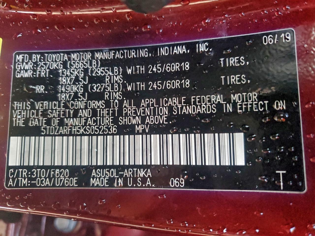 2019 Toyota Highlander Le VIN: 5TDZARFH5KS052536 Lot: 94321295