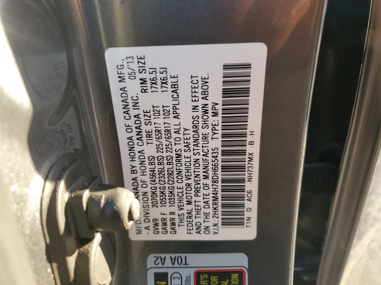 2013 Honda Cr-V Exl VIN: 2HKRM4H78DH665435 Lot: 91315885