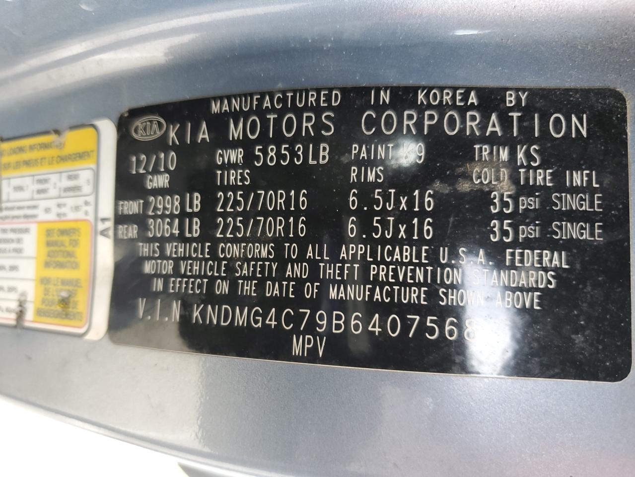 2011 Kia Sedona Lx VIN: KNDMG4C79B6407568 Lot: 92650945