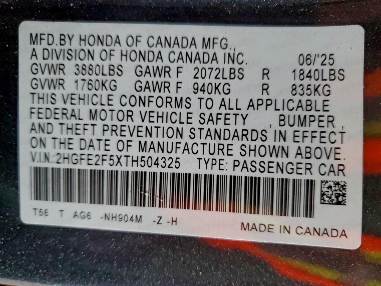 2026 Honda Civic Sport VIN: 2HGFE2F5XTH504325 Lot: 94384755