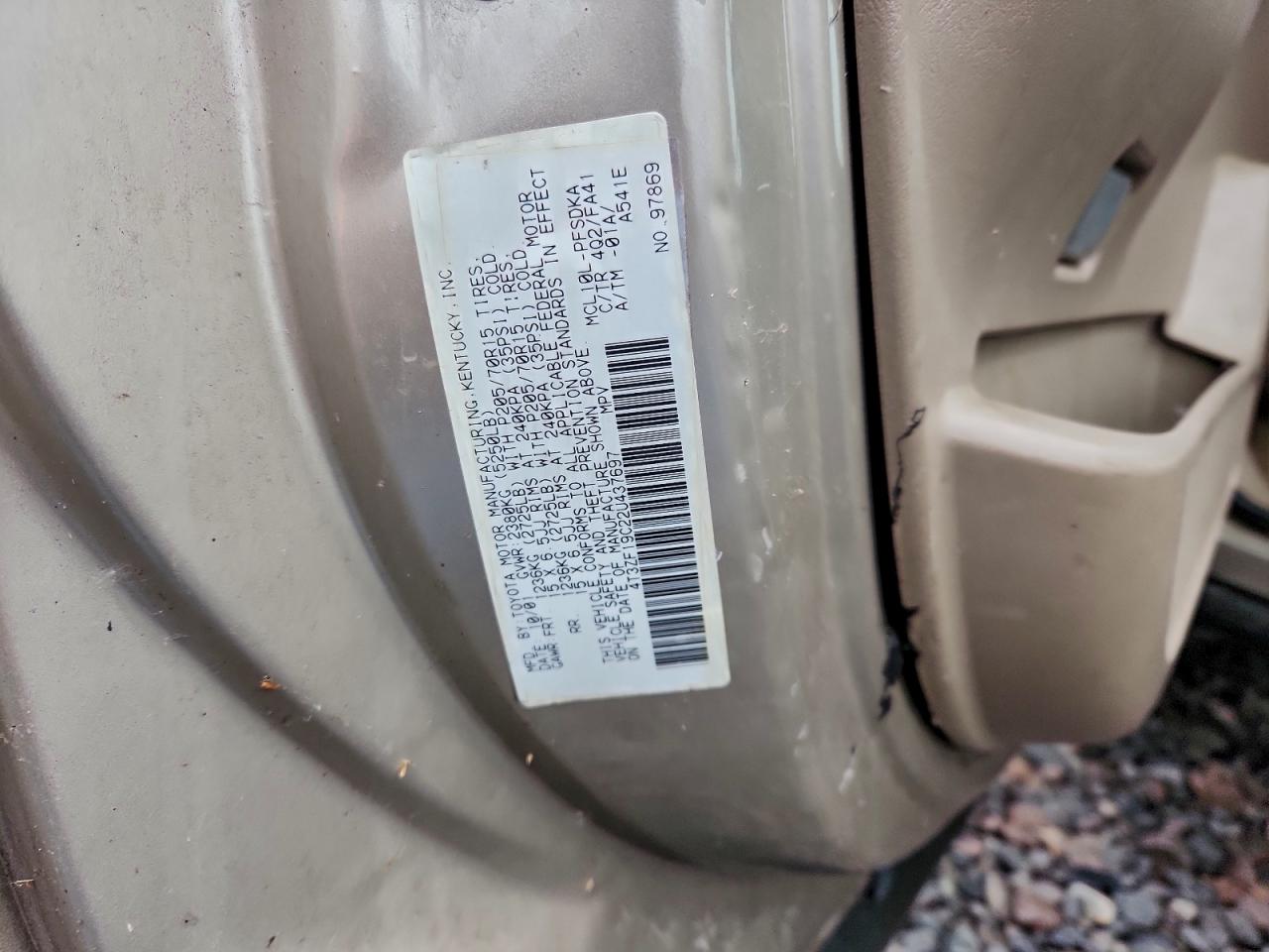 2002 Toyota Sienna Ce VIN: 4T3ZF19C22U437697 Lot: 93369725