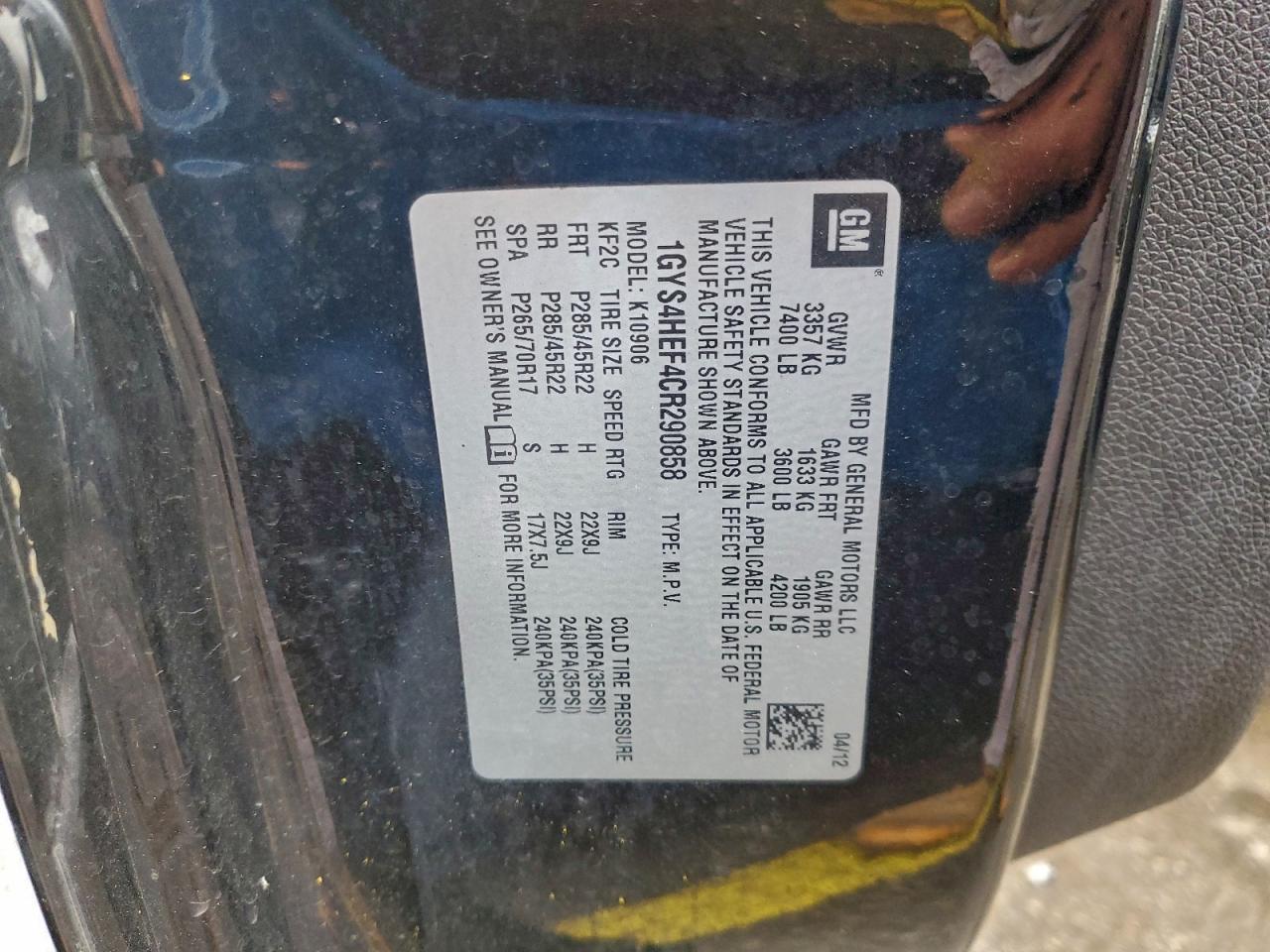 2012 Cadillac Escalade Esv Luxury VIN: 1GYS4HEF4CR290858 Lot: 93877335