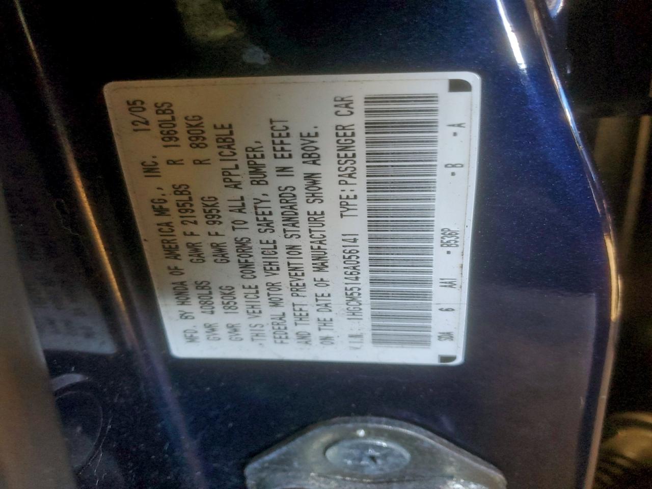 2006 Honda Accord Value VIN: 1HGCM55146A056141 Lot: 93365745