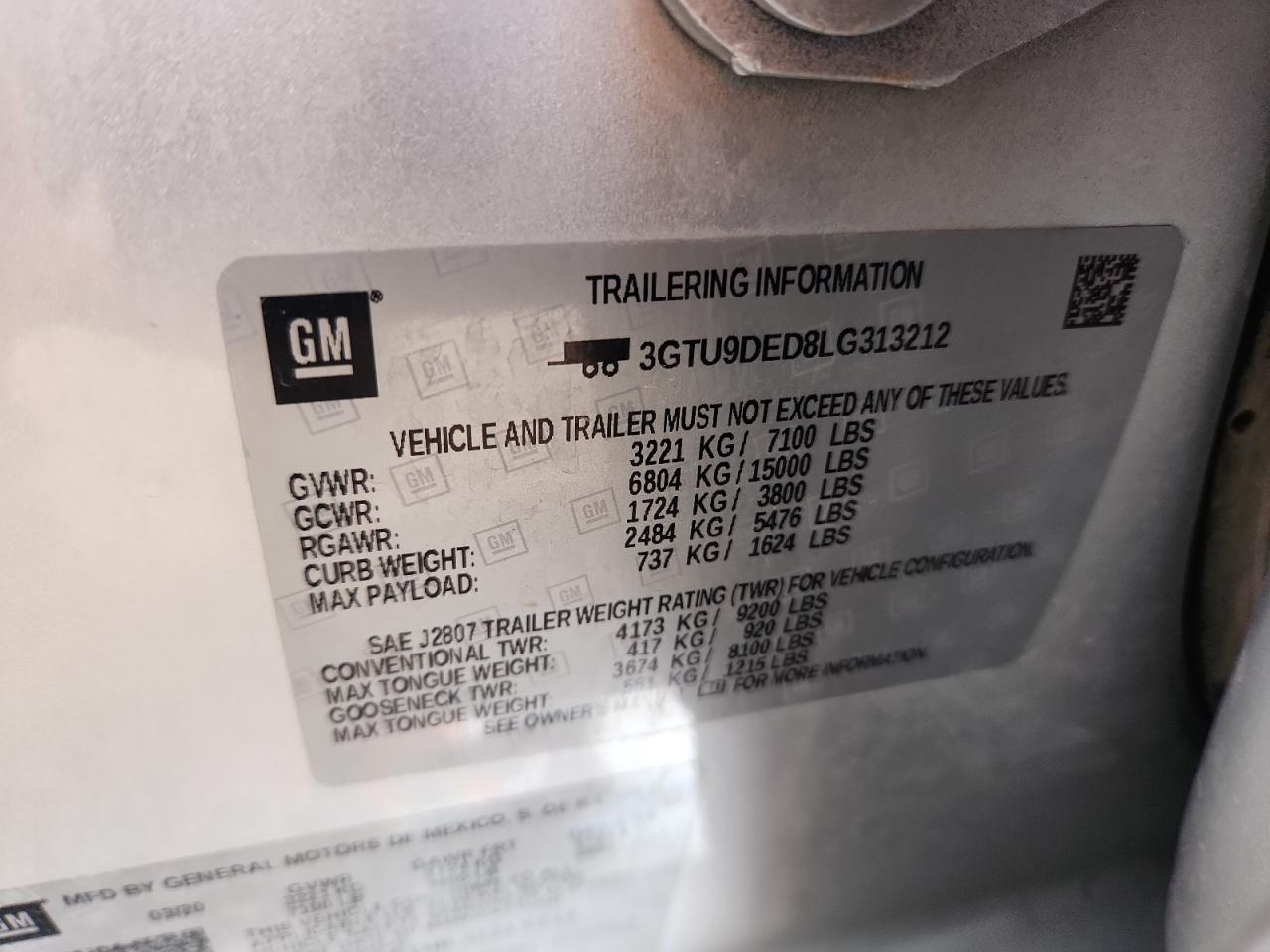 2020 GMC Sierra K1500 Slt VIN: 3GTU9DED8LG313212 Lot: 92827555