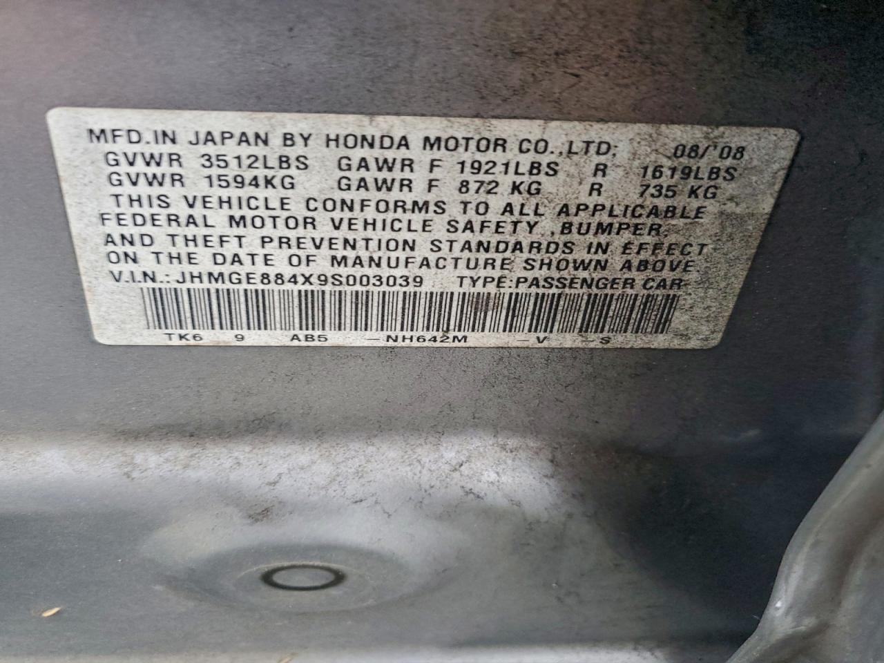 2009 Honda Fit Sport VIN: JHMGE884X9S003039 Lot: 93621735