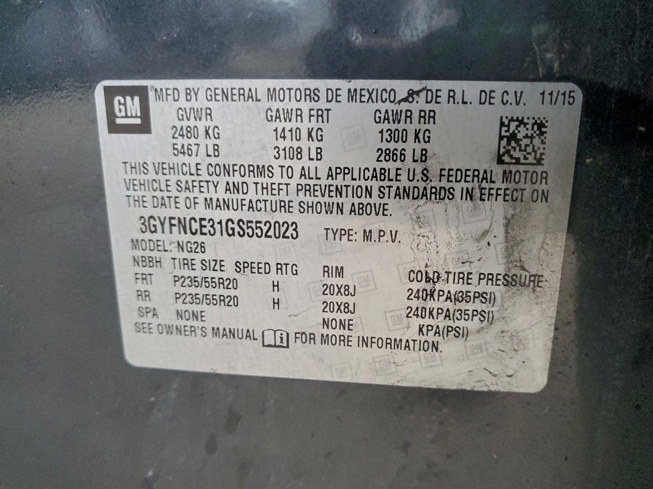 2016 Cadillac Srx Performance Collection VIN: 3GYFNCE31GS552023 Lot: 93511075