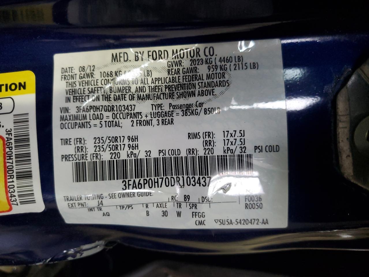 2013 Ford Fusion Se VIN: 3FA6P0H70DR103437 Lot: 93563015