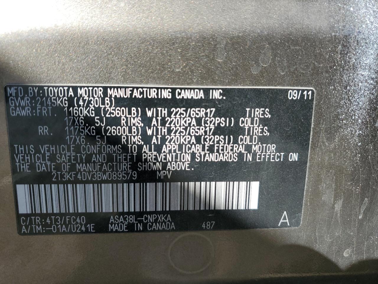 2011 Toyota Rav4 VIN: 2T3KF4DV3BW089579 Lot: 92757855