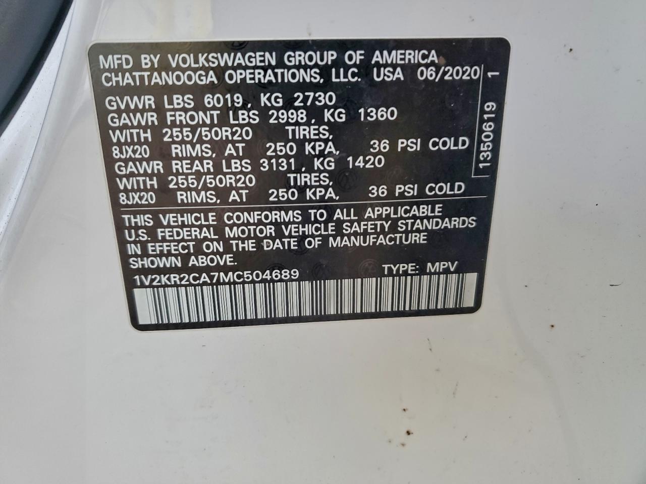 2021 Volkswagen Atlas Se VIN: 1V2KR2CA7MC504689 Lot: 93249995