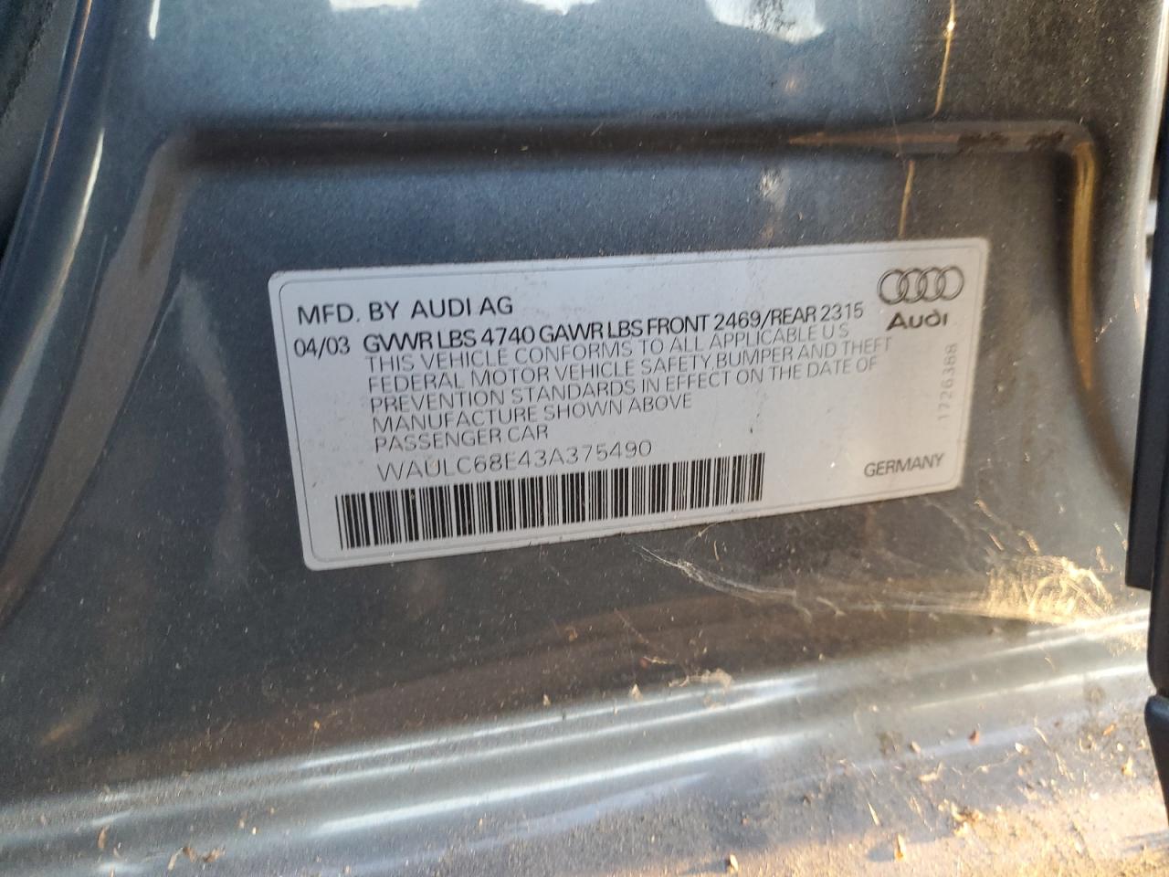 2003 Audi A4 1.8T Quattro VIN: WAULC68E43A375490 Lot: 91211635