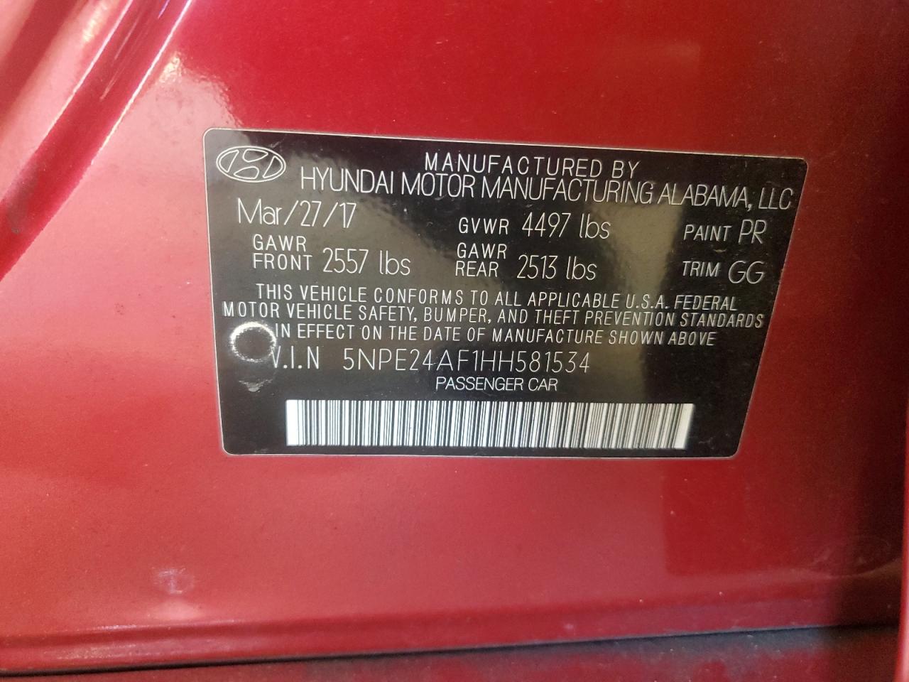 2017 Hyundai Sonata Se VIN: 5NPE24AF1HH581534 Lot: 91509755