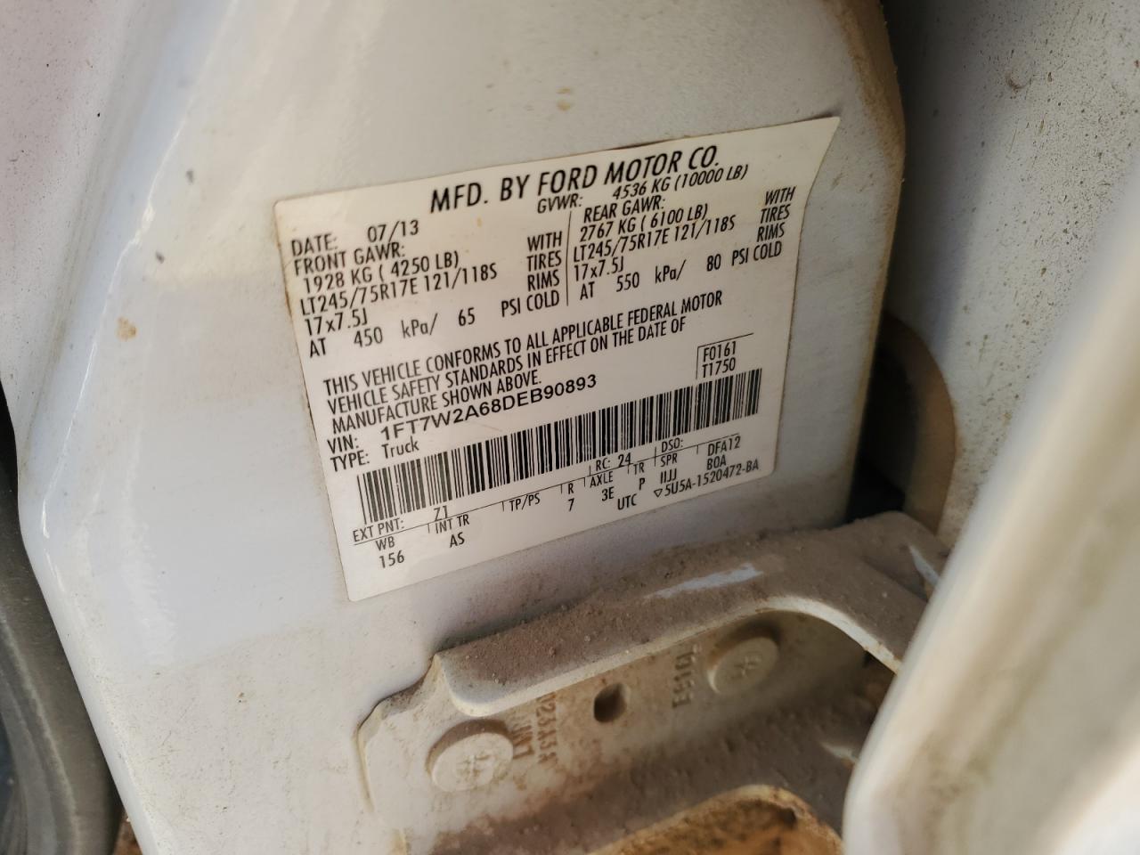 2013 Ford F250 Super Duty VIN: 1FT7W2A68DEB90893 Lot: 92091215