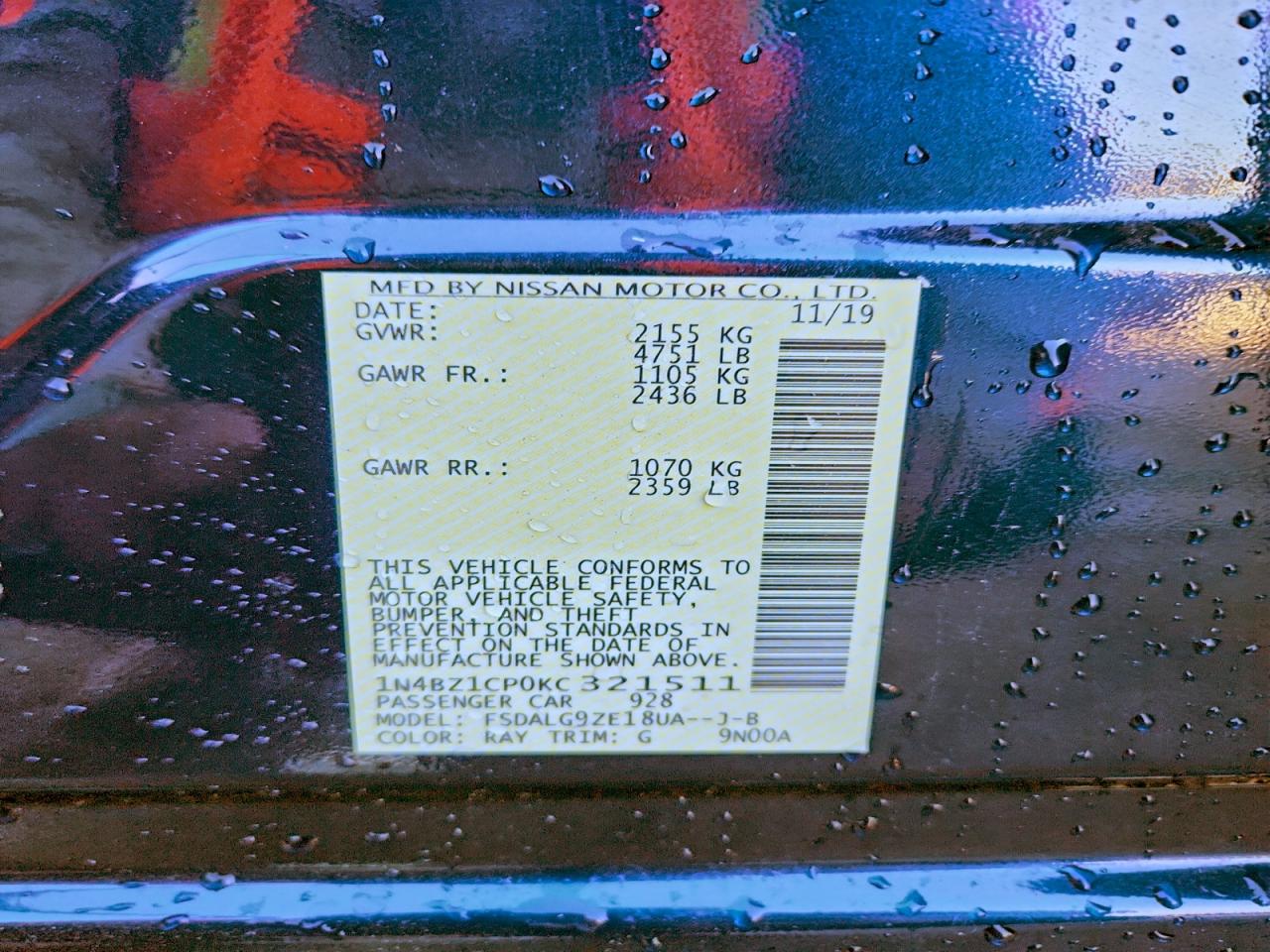 2019 Nissan Leaf S Plus VIN: 1N4BZ1CP0KC321511 Lot: 94572005