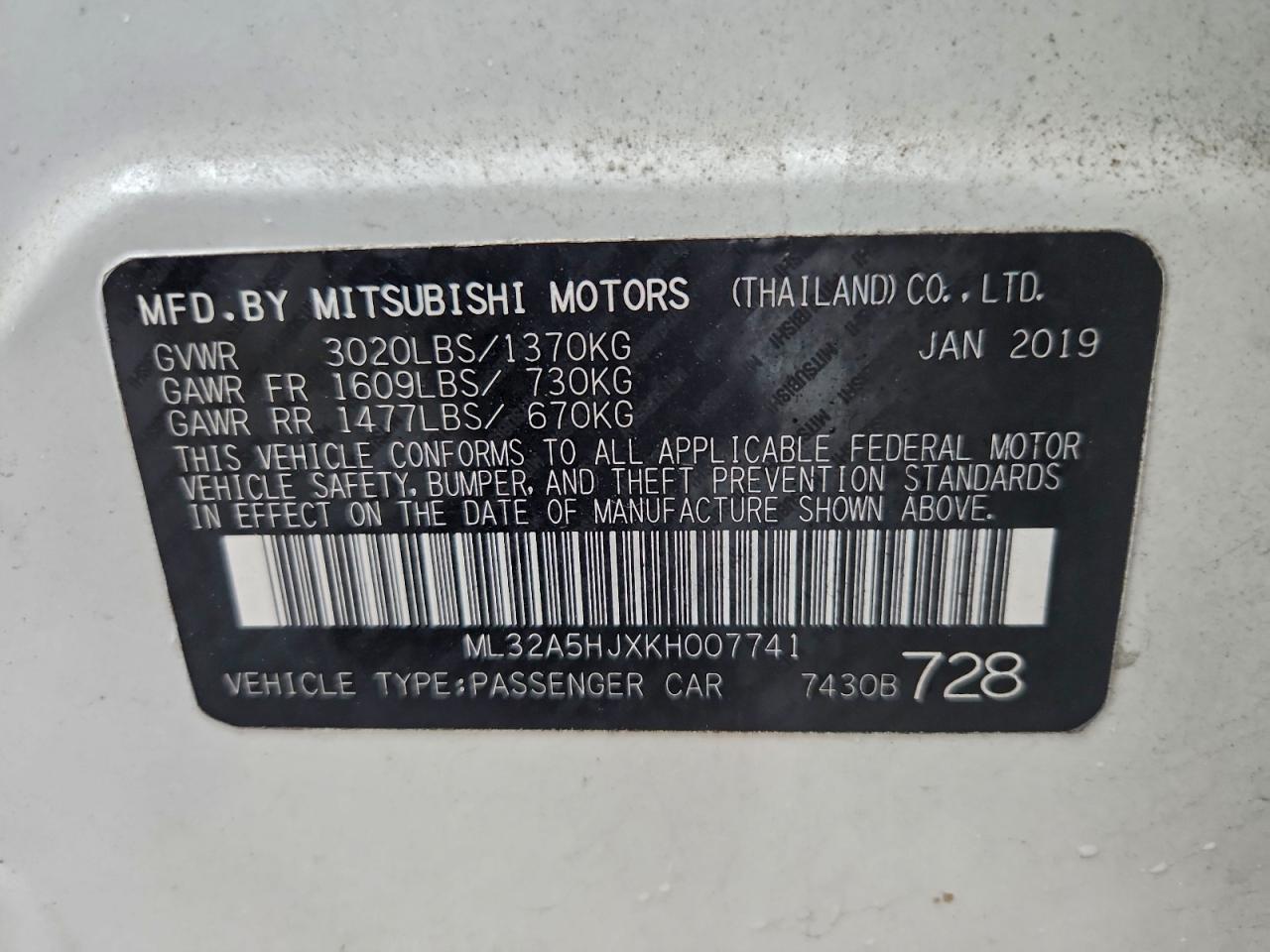 2019 Mitsubishi Mirage Le VIN: ML32A5HJXKH007741 Lot: 94162065