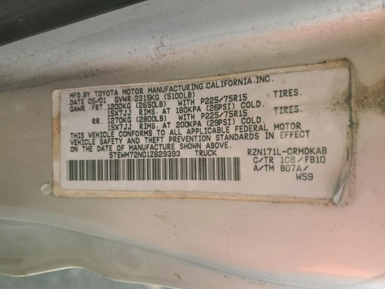 2001 Toyota Tacoma Xtracab VIN: 5TEWM72N01Z829393 Lot: 93512695