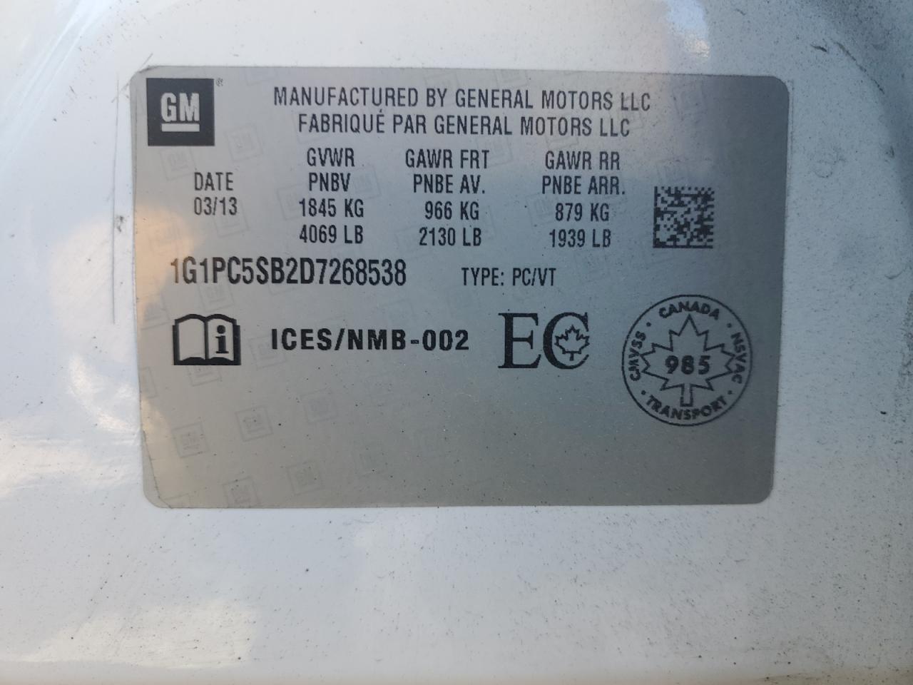 2013 Chevrolet Cruze Lt VIN: 1G1PC5SB2D7268538 Lot: 92209535