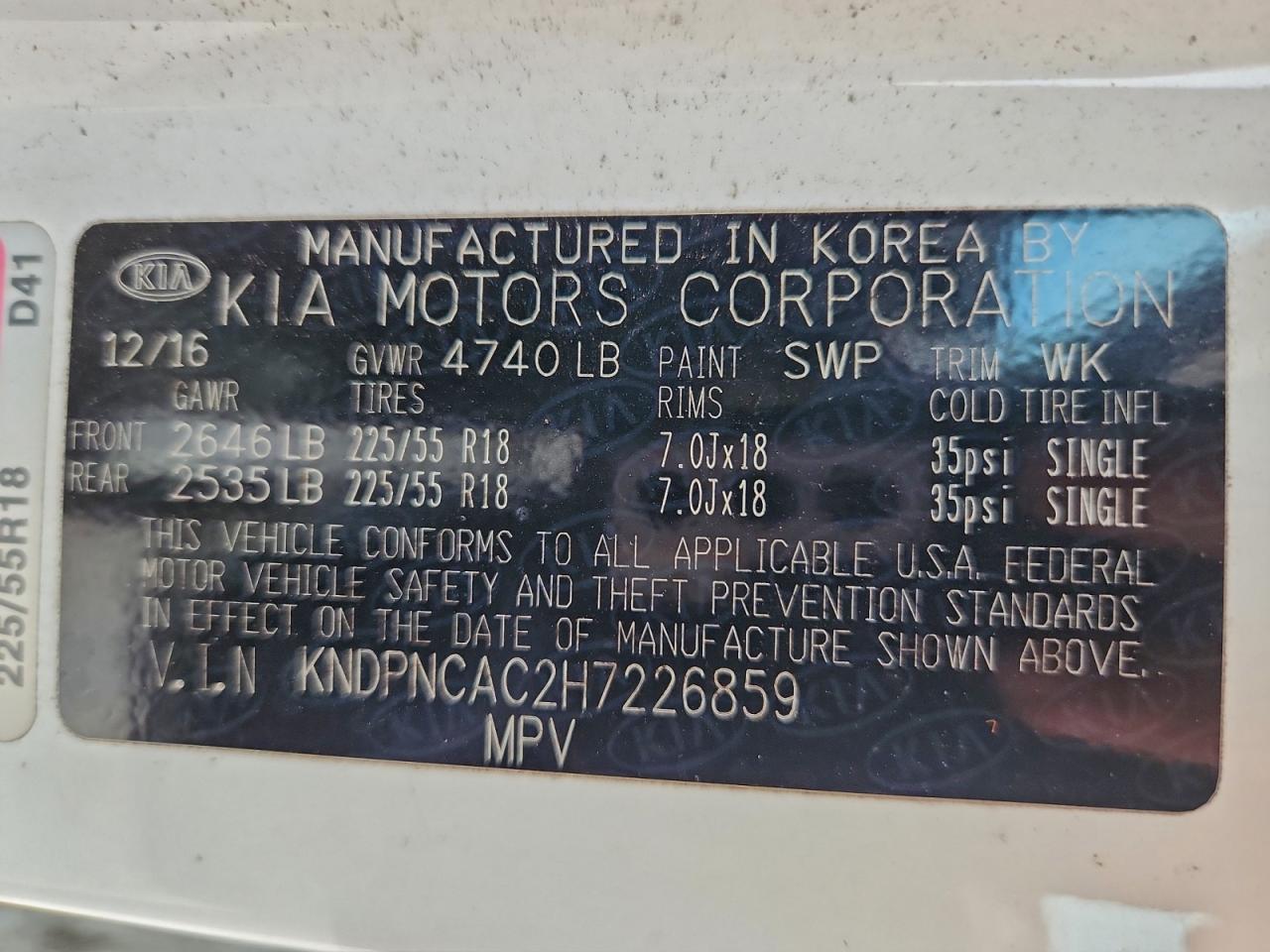 2017 Kia Sportage Ex VIN: KNDPNCAC2H7226859 Lot: 94241955