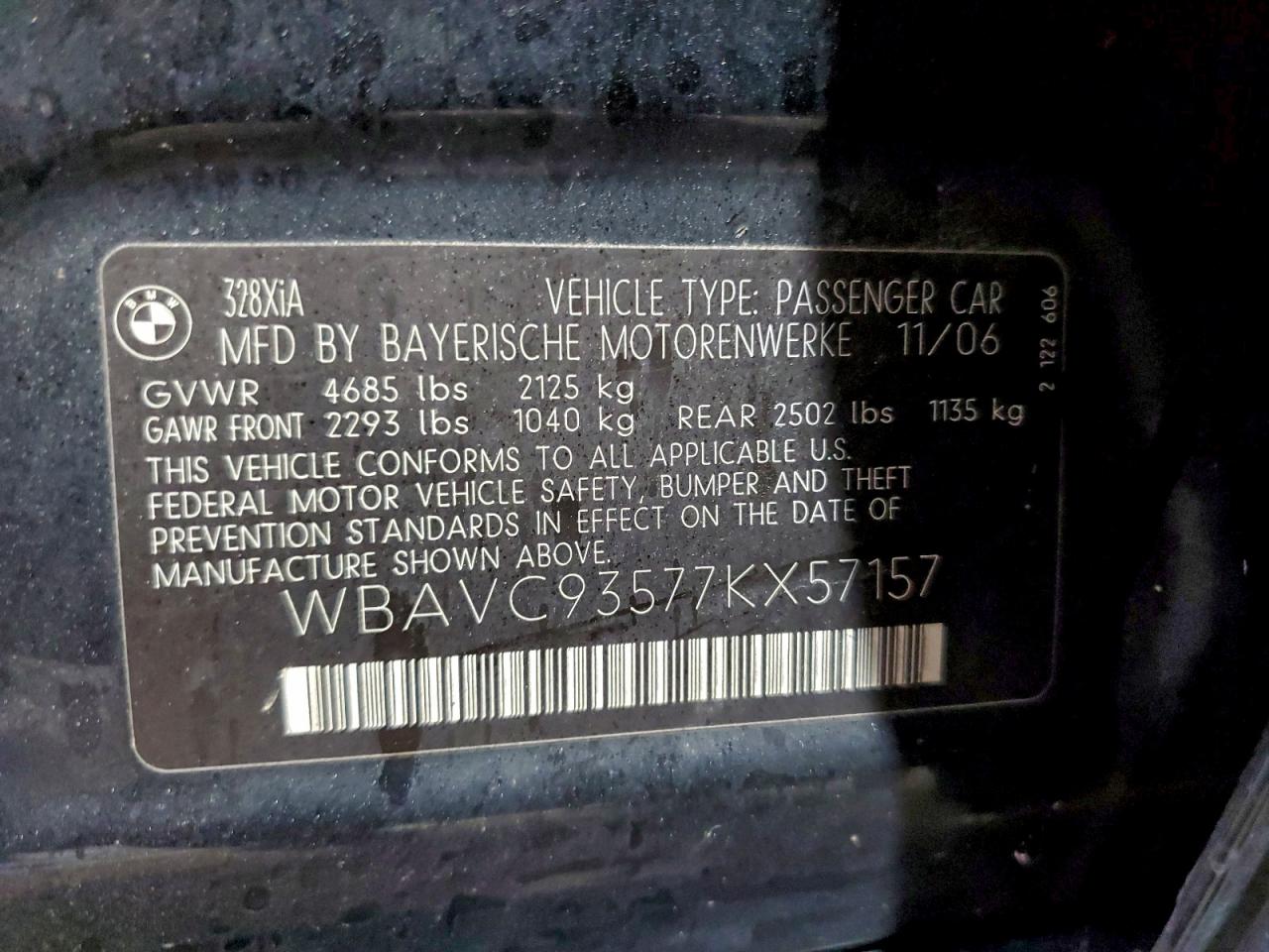 2007 BMW 328 Xi VIN: WBAVC93577KX57157 Lot: 94671785