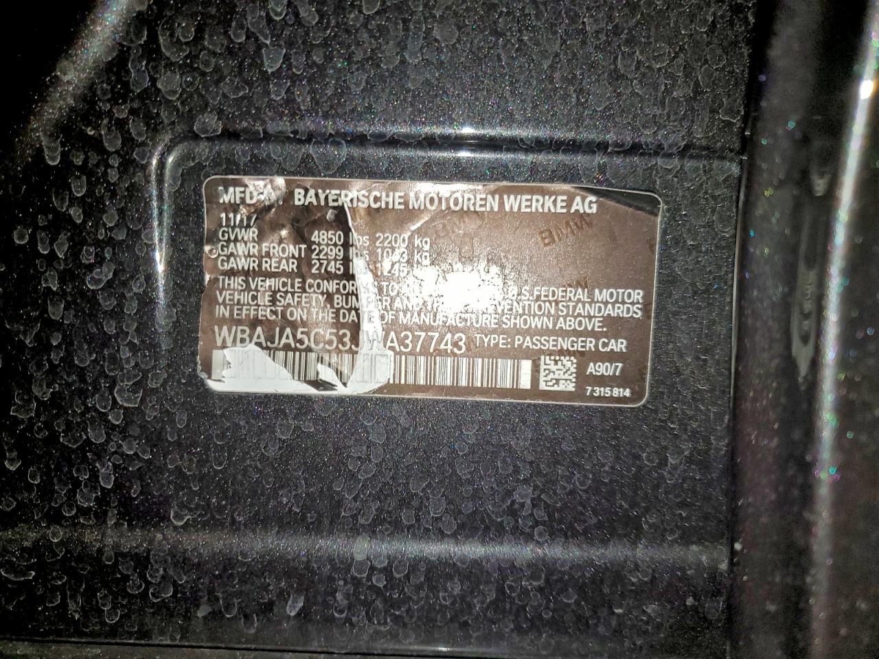 2018 BMW 530 I VIN: A37743 Lot: 95039945