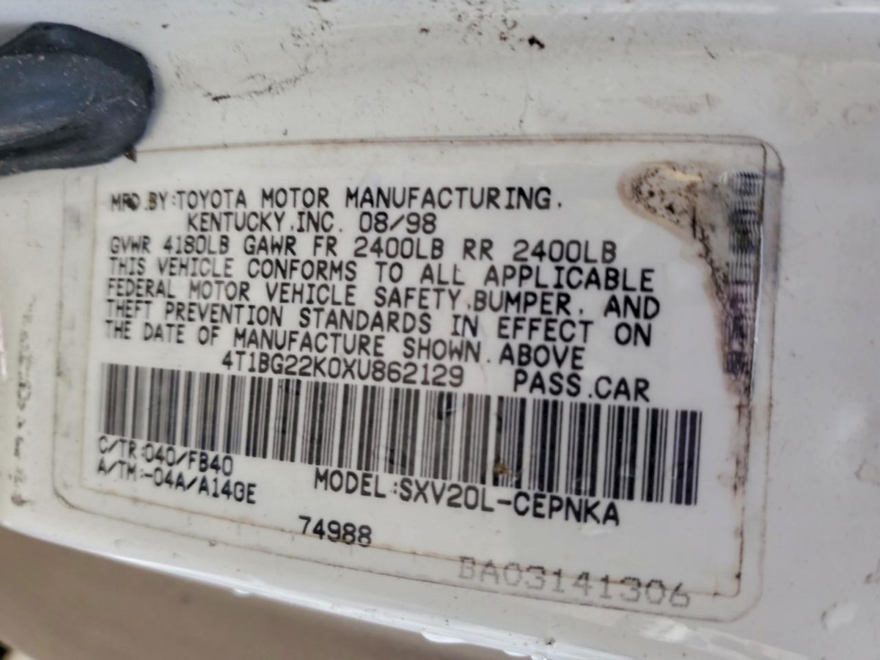 1999 Toyota Camry Ce VIN: 4T1BG22K0XU862129 Lot: 94277455