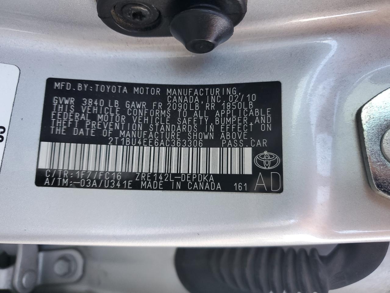 2010 Toyota Corolla Base VIN: 2T1BU4EE6AC363306 Lot: 92355875