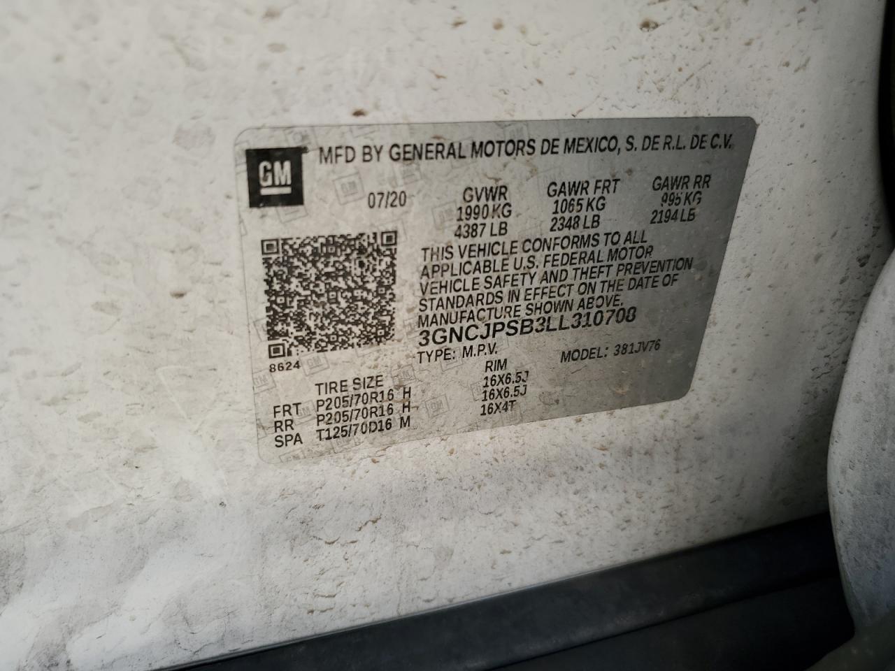 2020 Chevrolet Trax 1Lt VIN: 3GNCJPSB3LL310708 Lot: 91357245