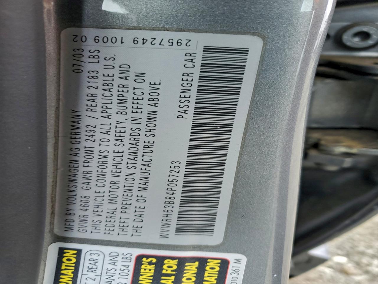 2004 Volkswagen Passat Glx VIN: WVWRH63B84P057253 Lot: 93678265