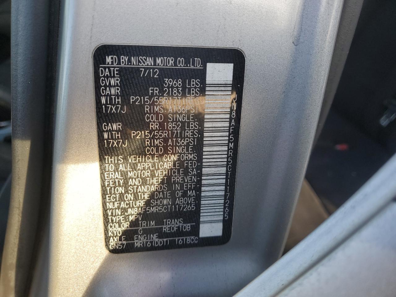 2012 Nissan Juke S VIN: JN8AF5MR5CT117265 Lot: 93571565