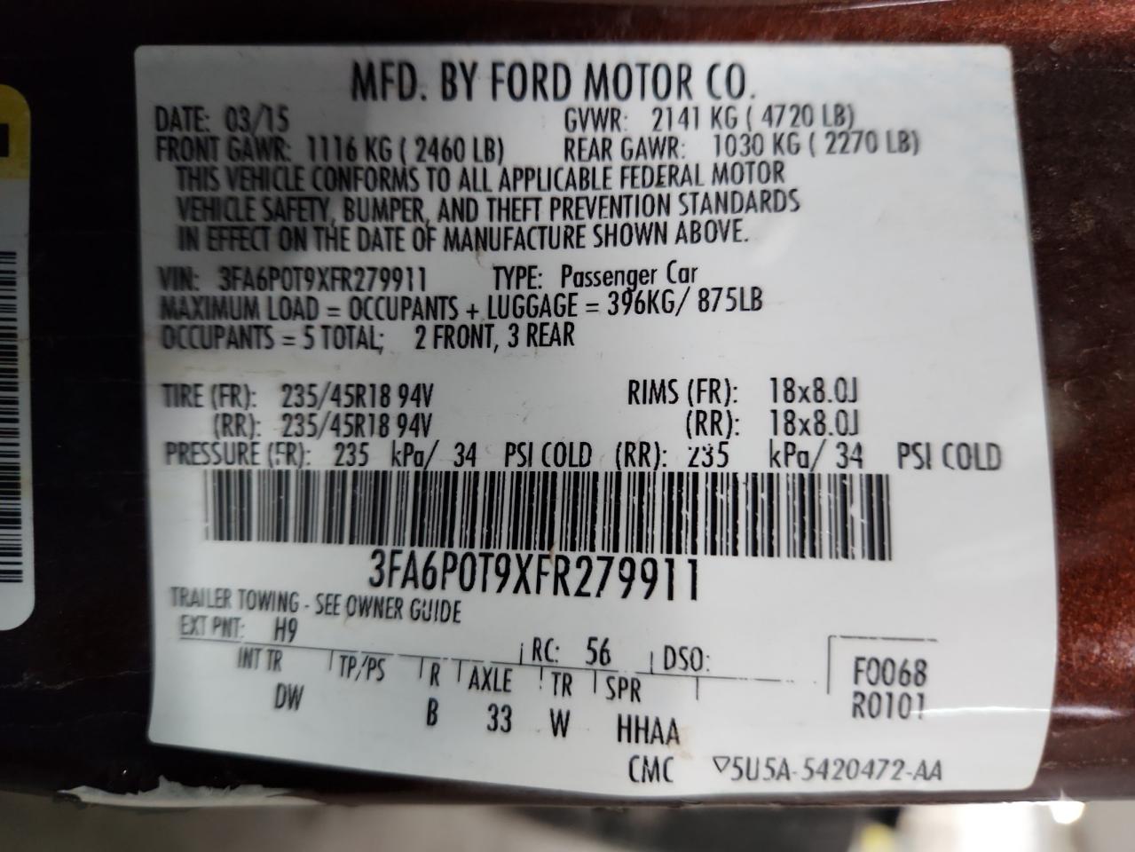 2015 Ford Fusion Se VIN: 3FA6P0T9XFR279911 Lot: 92675025