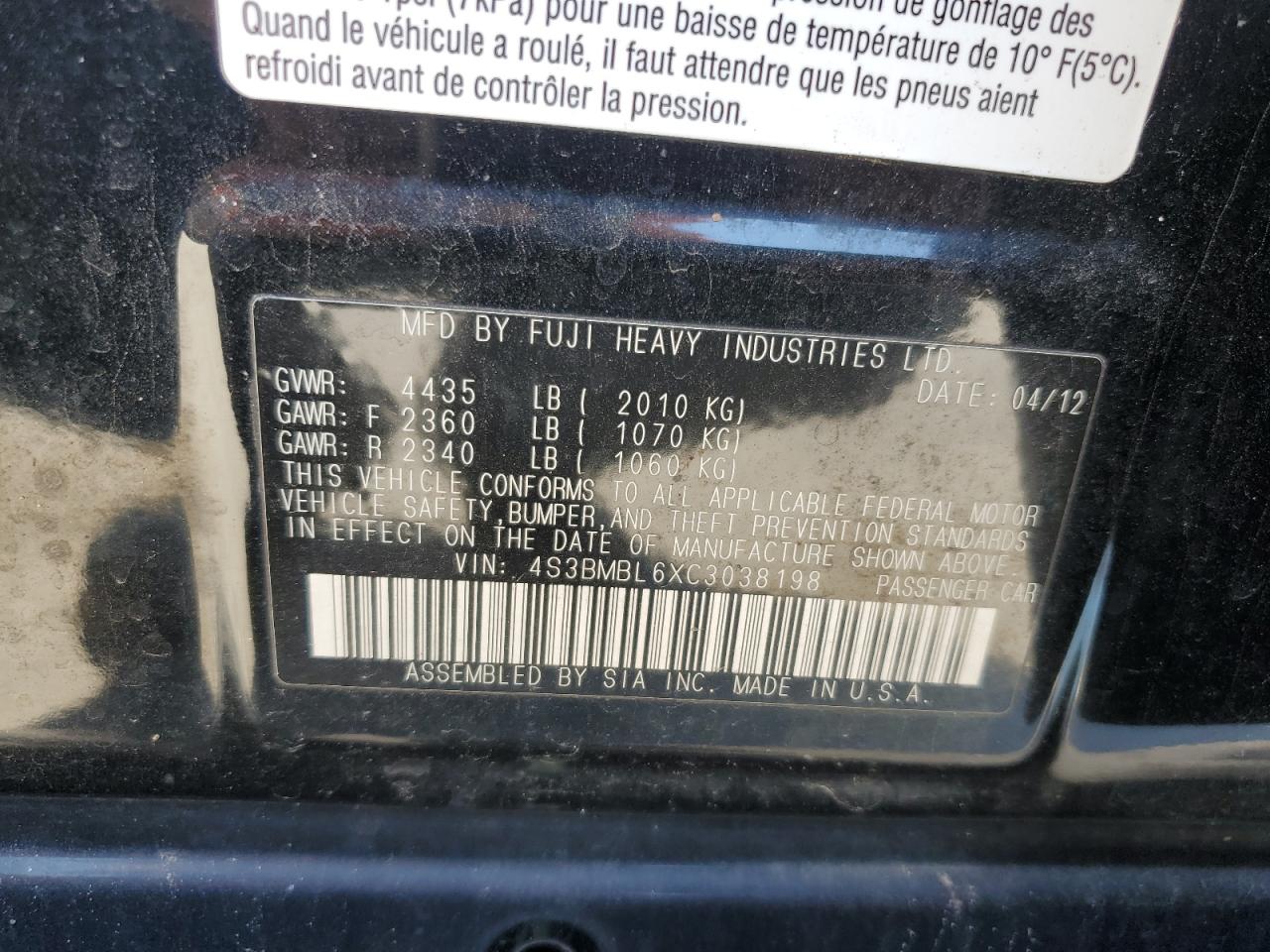 2012 Subaru Legacy 2.5I Limited VIN: 4S3BMBL6XC3038198 Lot: 91309925