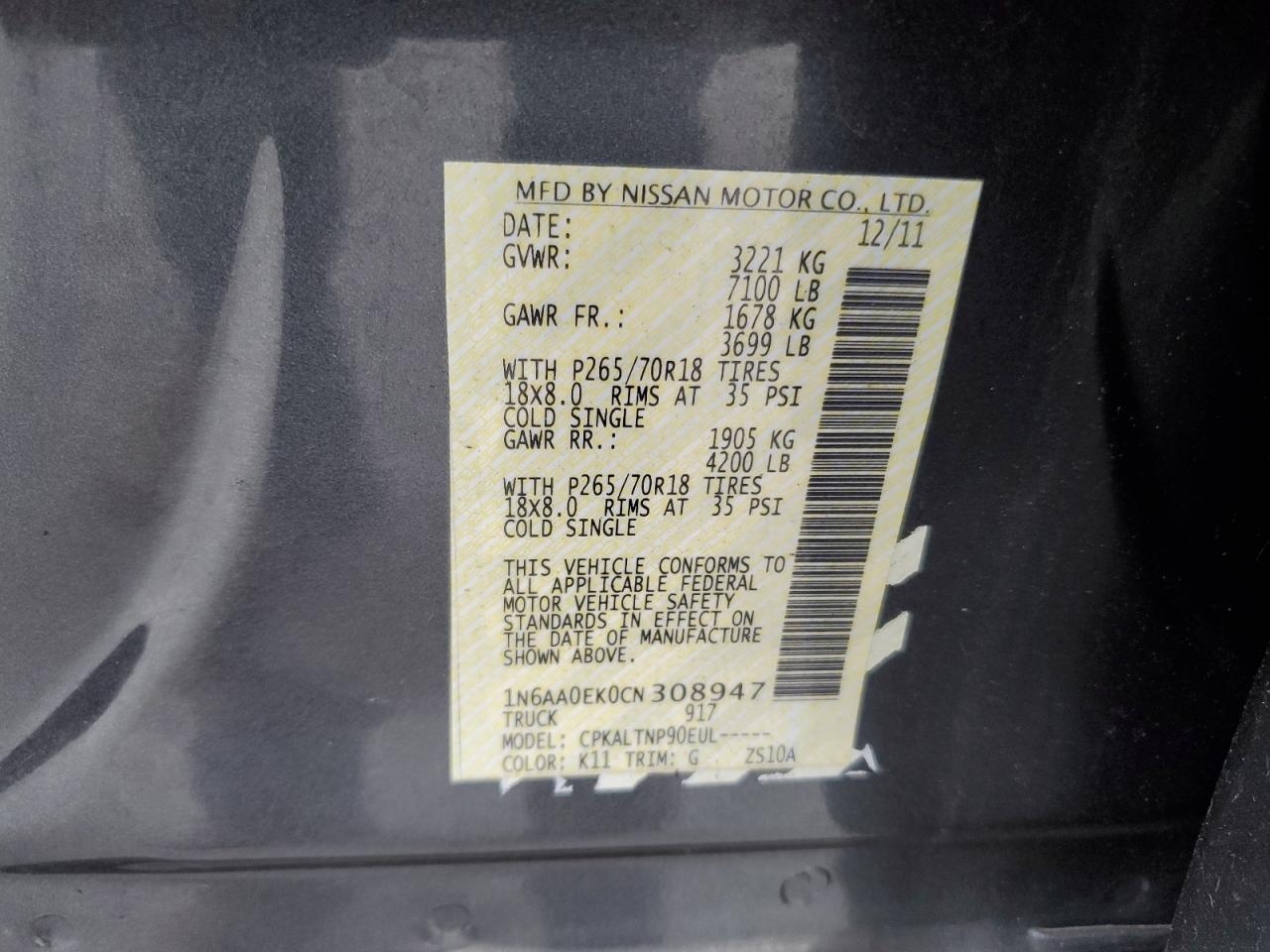 2012 Nissan Titan S VIN: 1N6AA0EK0CN308947 Lot: 91989695