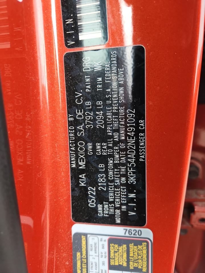 2022 Kia Forte Gt Line VIN: 3KPF54AD2NE491092 Lot: 91164585