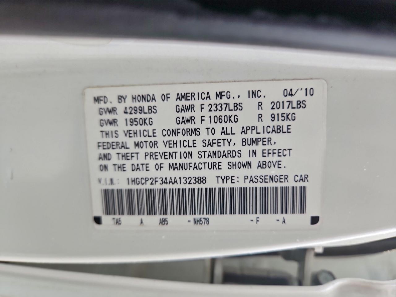 2010 Honda Accord Lx VIN: 1HGCP2F34AA132388 Lot: 93956995