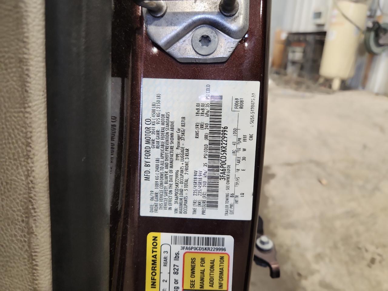 2019 Ford Fusion Sel VIN: 3FA6P0CD5KR229996 Lot: 91720265