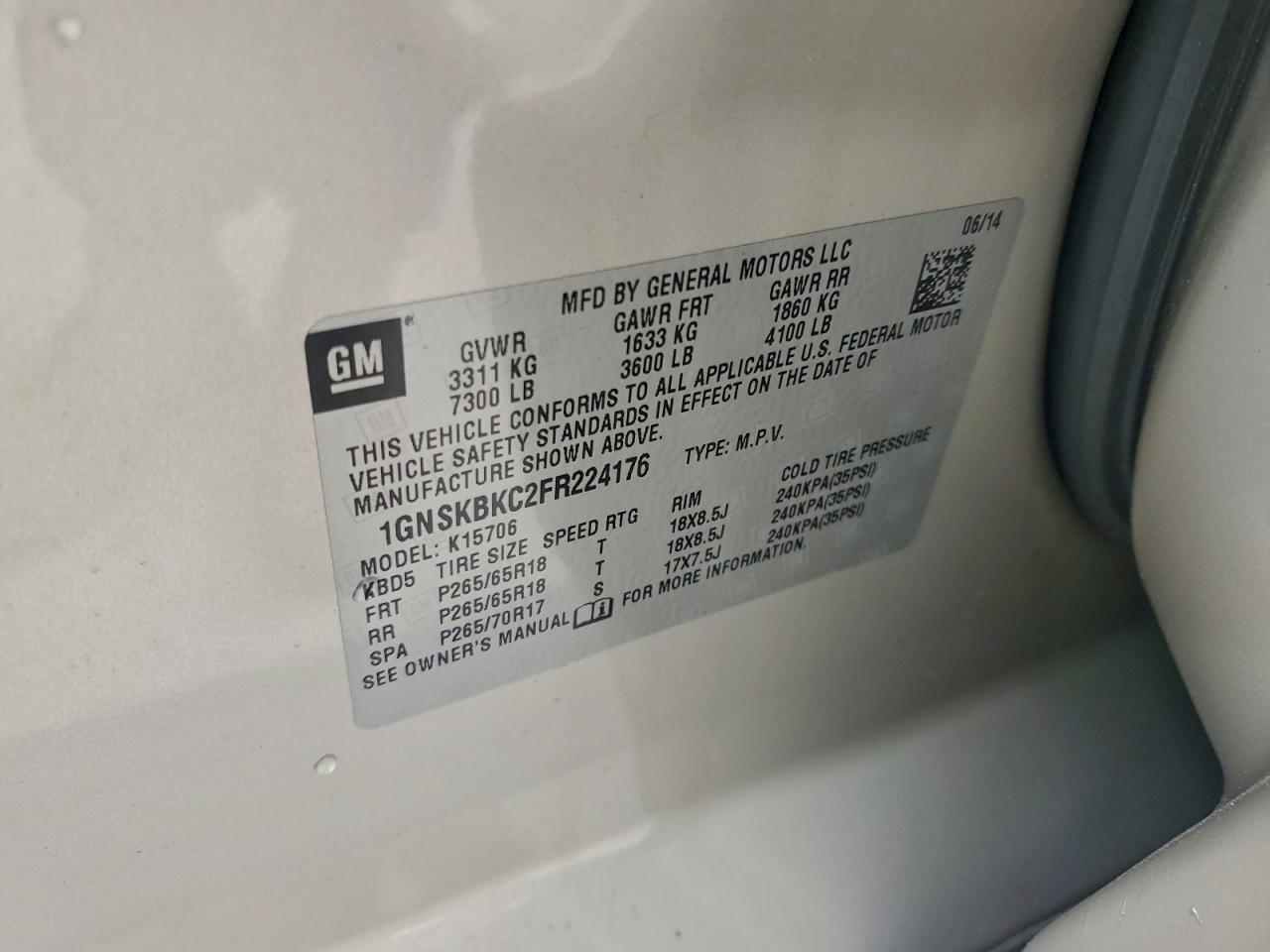 2015 Chevrolet Tahoe K1500 Lt VIN: 1GNSKBKC2FR224176 Lot: 94326045