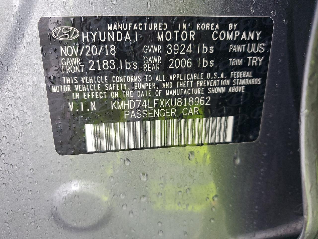 2019 Hyundai Elantra Se VIN: KMHD74LFXKU818962 Lot: 92453215