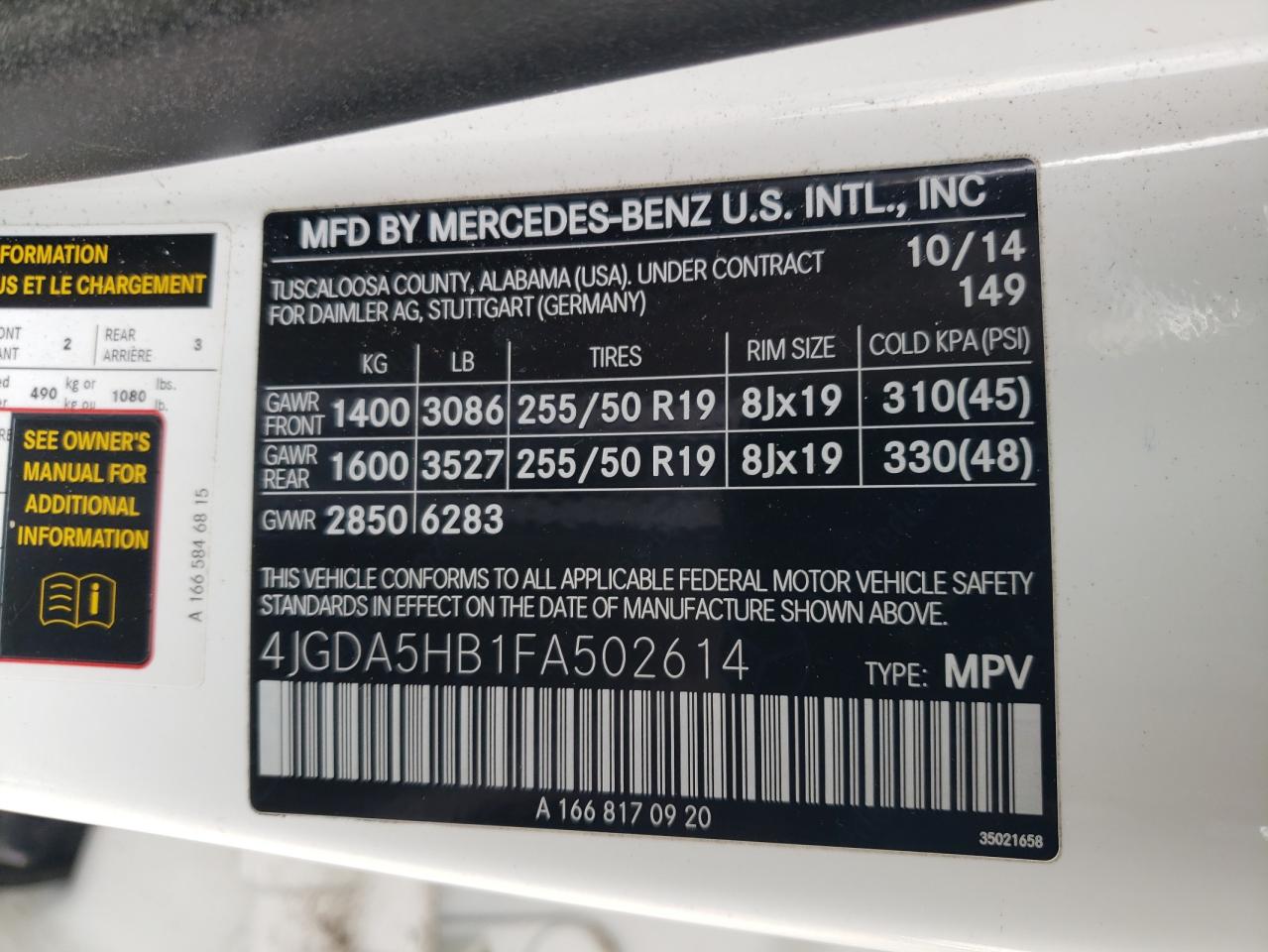 2015 Mercedes-Benz Ml 350 4Matic VIN: 4JGDA5HB1FA502614 Lot: 91483975