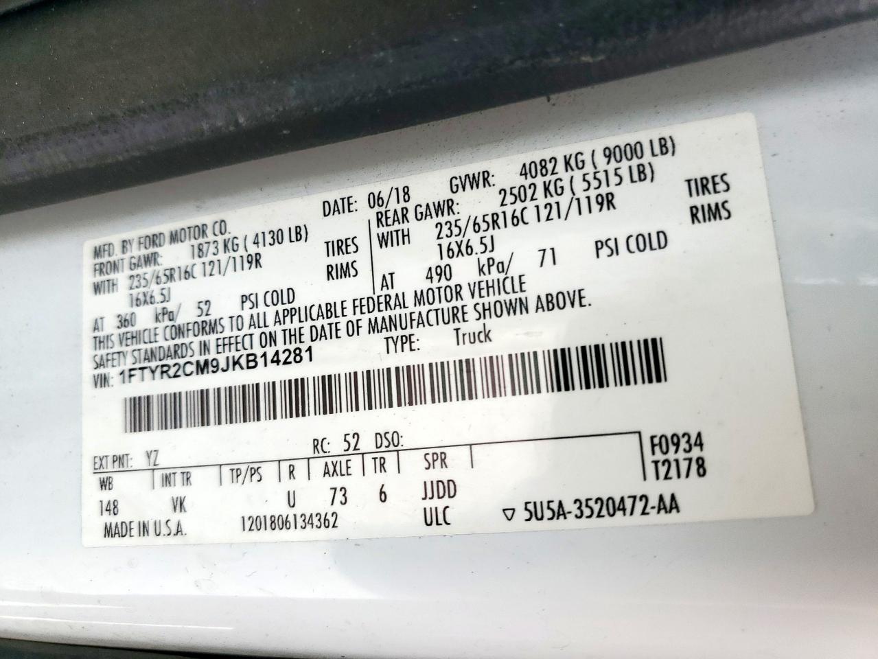 2018 Ford Transit T-250 VIN: 1FTYR2CM9JKB14281 Lot: 92593995