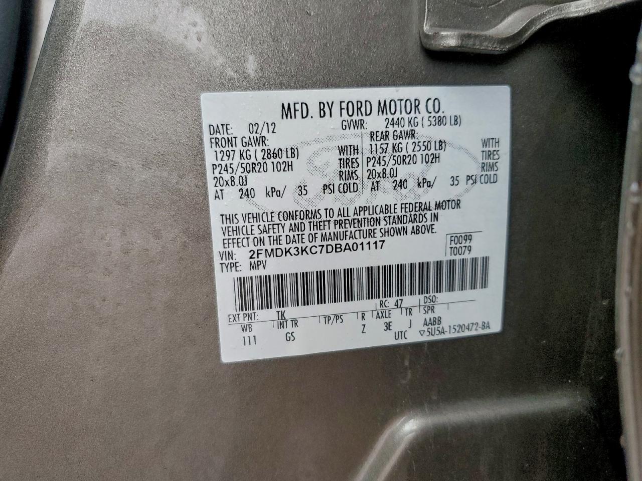 2013 Ford Edge Limited VIN: 2FMDK3KC7DBA01117 Lot: 93672485