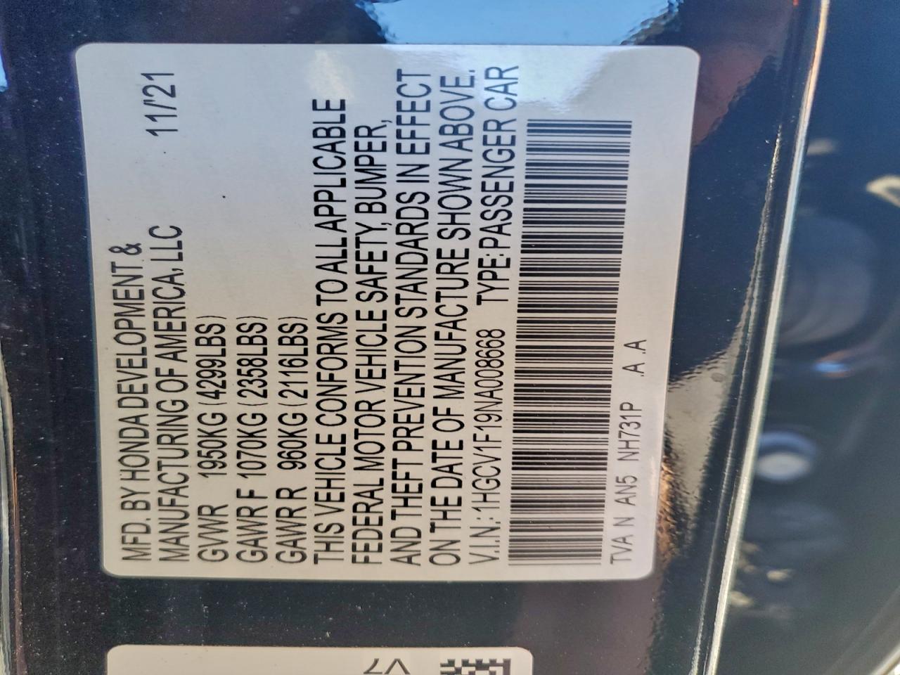 2022 Honda Accord Lx VIN: 1HGCV1F19NA008668 Lot: 93834525