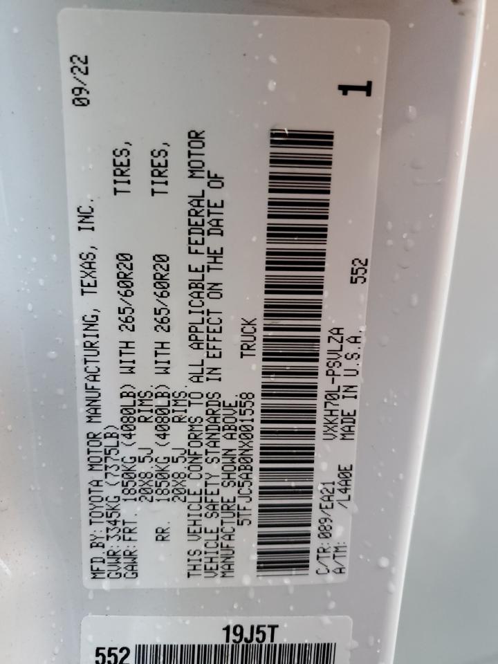 2022 Toyota Tundra Crewmax Limited VIN: 5TFJC5AB0NX001558 Lot: 92729995