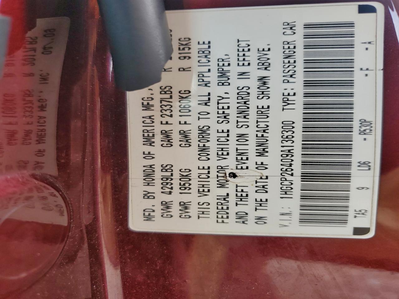 2009 Honda Accord Lxp VIN: 1HGCP26409A136300 Lot: 94255595