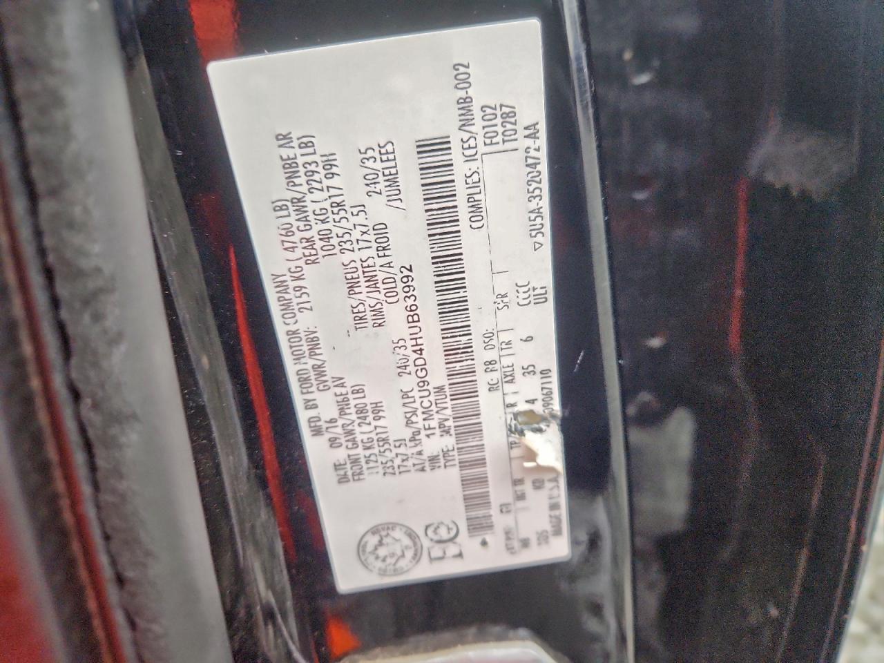 2017 Ford Escape Se VIN: 1FMCU9GD4HUB63992 Lot: 94510415