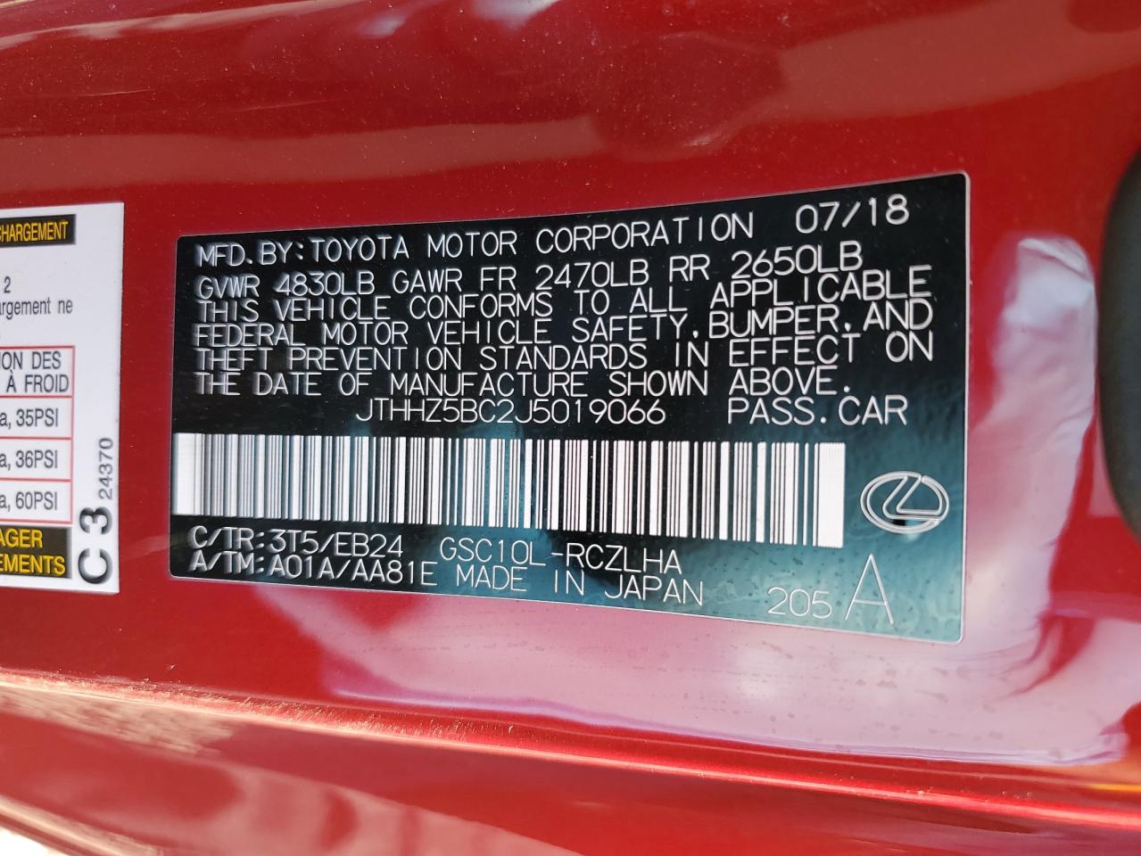 2018 Lexus Rc 350 VIN: JTHHZ5BC2J5019066 Lot: 90978255