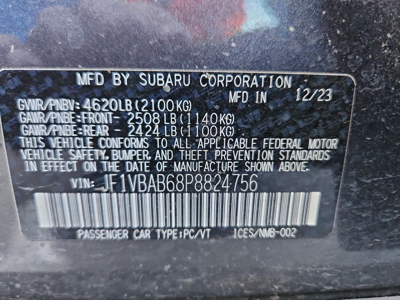 2023 Subaru Wrx VIN: JF1VBAB68P8824756 Lot: 94568695